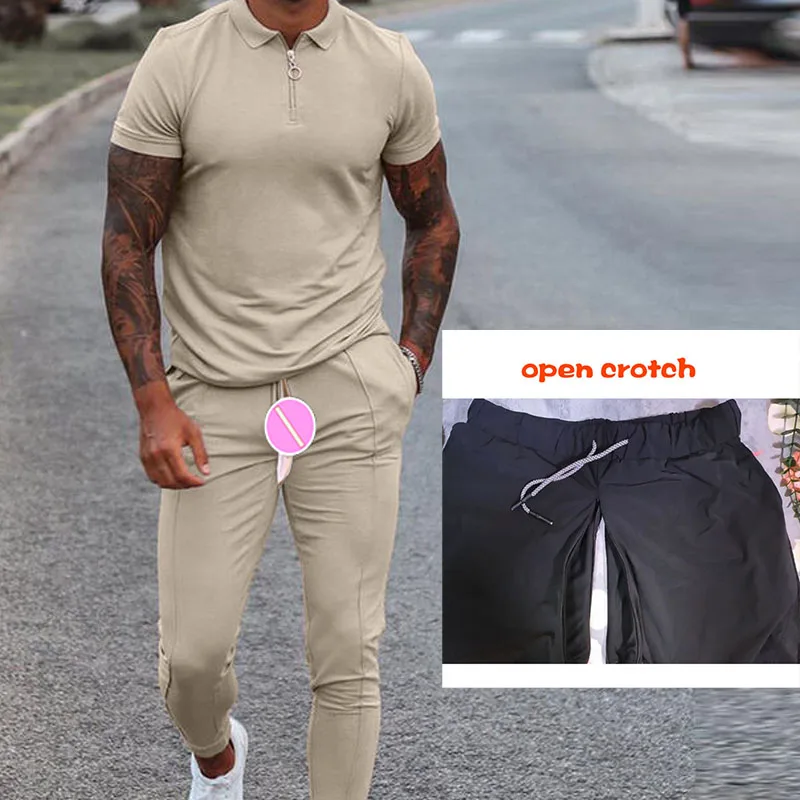 

2PCS European American Open-crotch Outdoor Sex Pants Men's Slim-fit Trousers Set Casual Streetwear Joggers Basketball Sweatpants