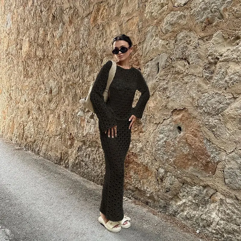 Nuovo costume da bagno cavo lavorato a maglia con abito da spiaggia con spalline sexy senza schienale, gonna lunga a maniche lunghe, top bikini