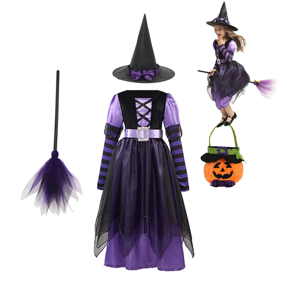 Kinder-Hexen-Kostüm mit Hut und Besen, Mädchen-Langarm-Mesh-Kleid, Halloween-Kürbis-Rollenspiel, Geburtstagsparty-Kostüm