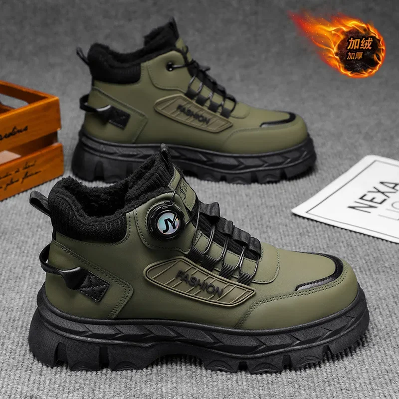 2025 botas altas de pelúcia de inverno para homens, sapatos de trabalho retrô estilo britânico, botas curtas quentes de sola grossa da moda