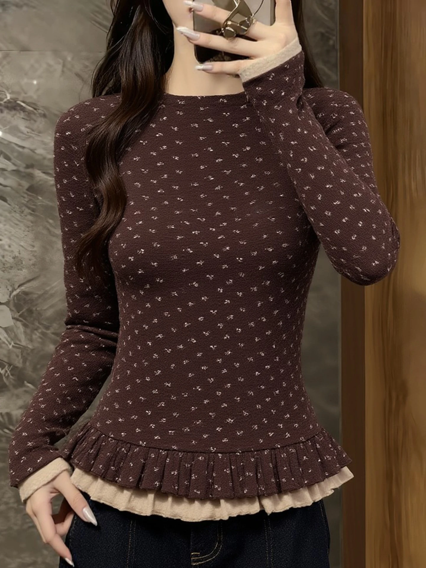 

Fashionable Slim Fit Double Layer Ruffle T-Shirt Casual Versatile Floral Top Long Sleeve Spring Popular Youthful Upper Apparel