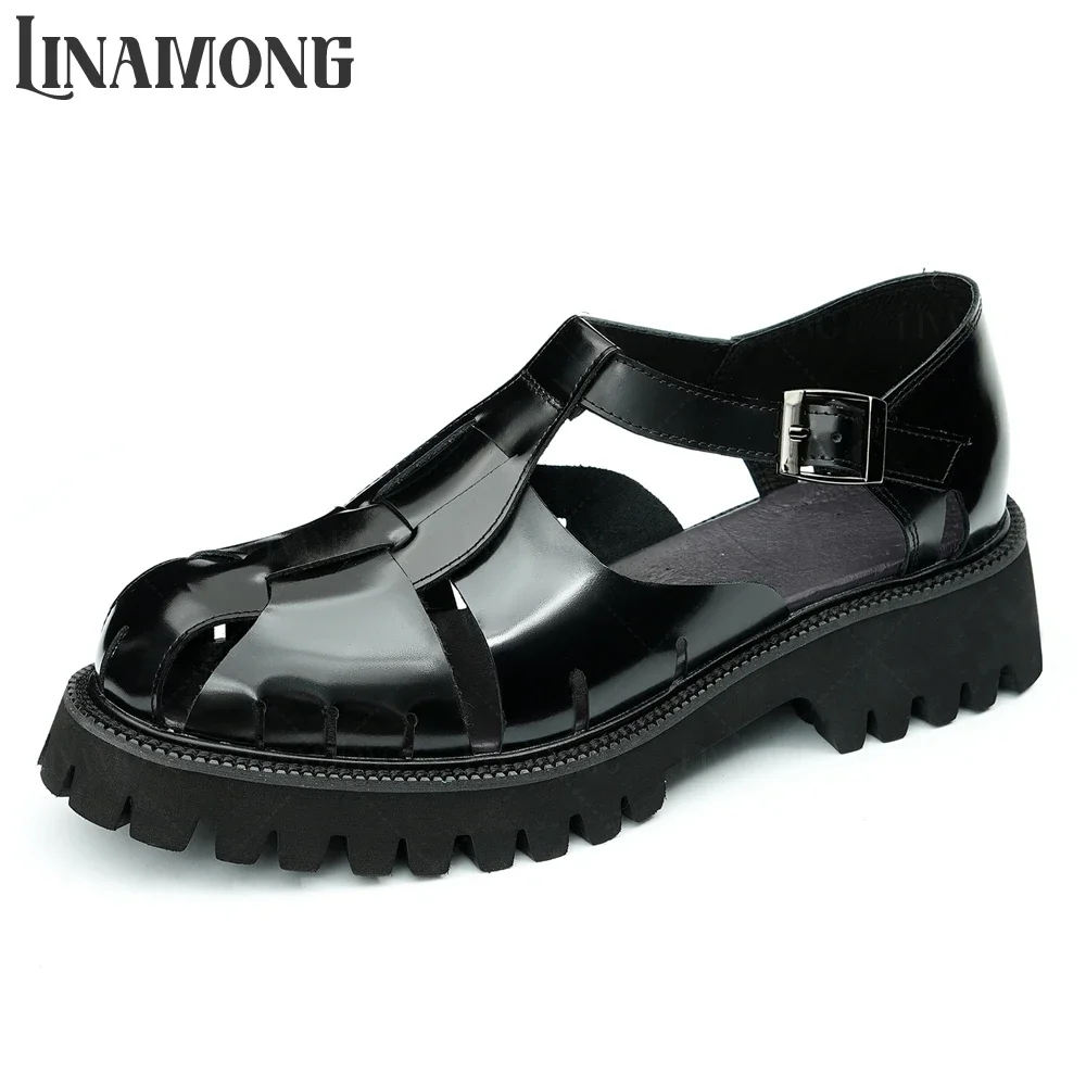 

Black Shiny Cowhide Men's Sandals Buckle Business Leather Sandals Thick Soled Height Increasing Sandals Comfortable Summer Shoes
