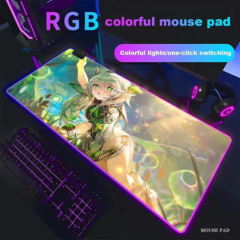 

HYBXAXC Nahida Mouse Pad Genshin Impact Mousepad Animation Games Beautiful RGB Gamer Large LED Light Computer pad Non-slip Decor