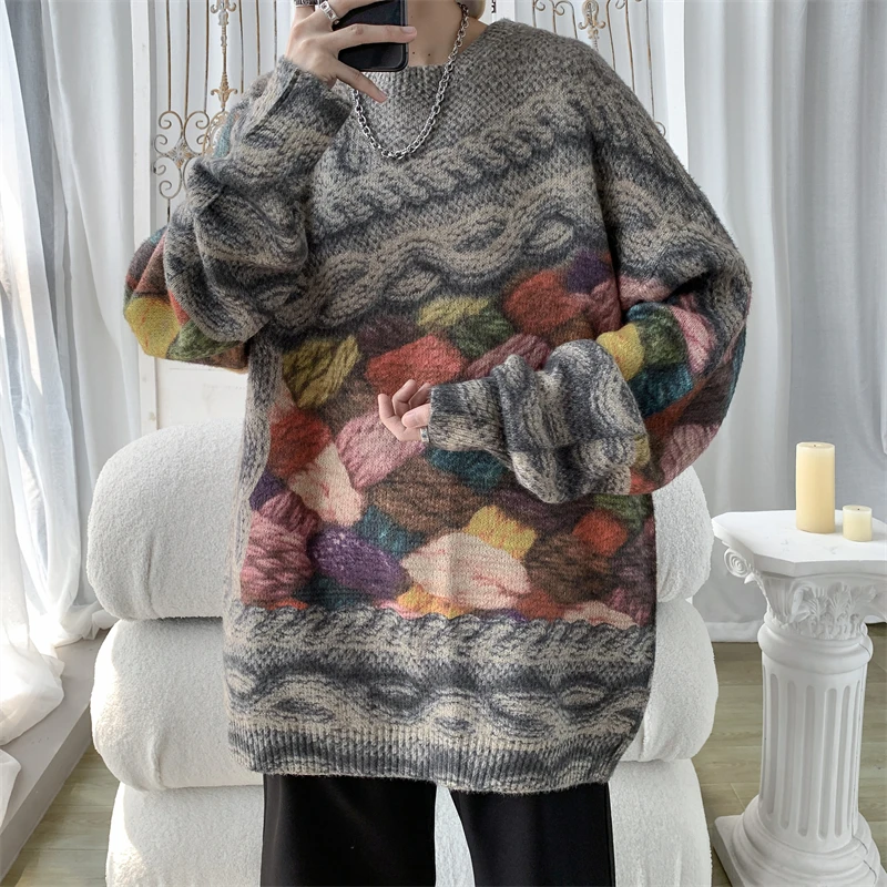 Male Jumper Harajuku Korean Popular Clothes Printed Sweaters Pullover Knit Knitwear New in Sweaters Men\'s Winter Sweater