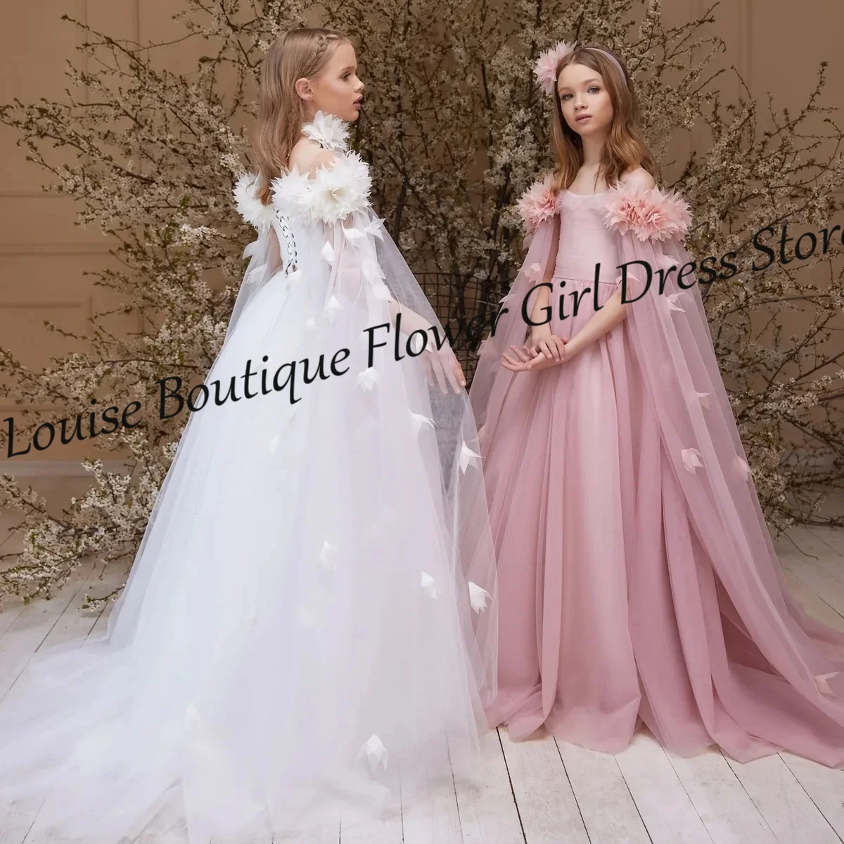 Fairy Flower Girl Dress Off Shoulder A-Line Floor Length Cap Sleeves Lace Up Dresses For Wedding Birthday Party Gowns Customized