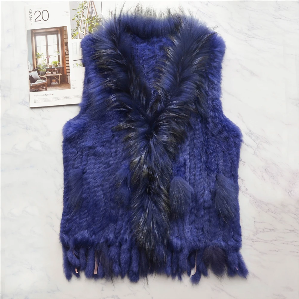 Women Genuine Real Rabbit Fur Vest Coat Tassels Raccoon Fur Collar Jacket Waistcoat Wholesale Drop Shipping