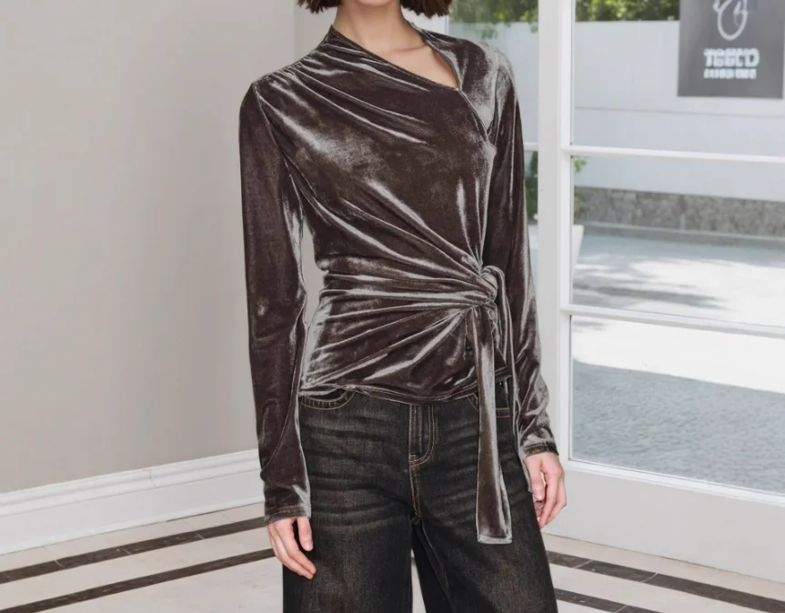 

Women's Top Spring New Fashionable Elegant Gorgeous Style Solid Color Velvet Slant Neck Design Strap Up Slim Fit Long Sleeve Top