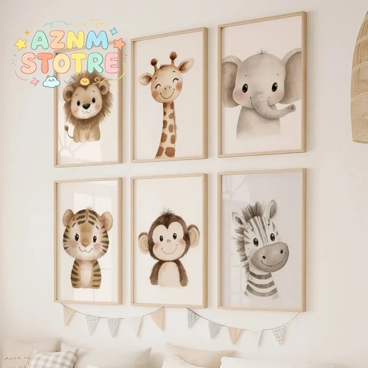 6pcs/set Cartoon Cute Animal Canvas Print Modern Jungle Lion Giraffe Elephant Monkey Tiger Zebra Art Prints Nursery Home Deco