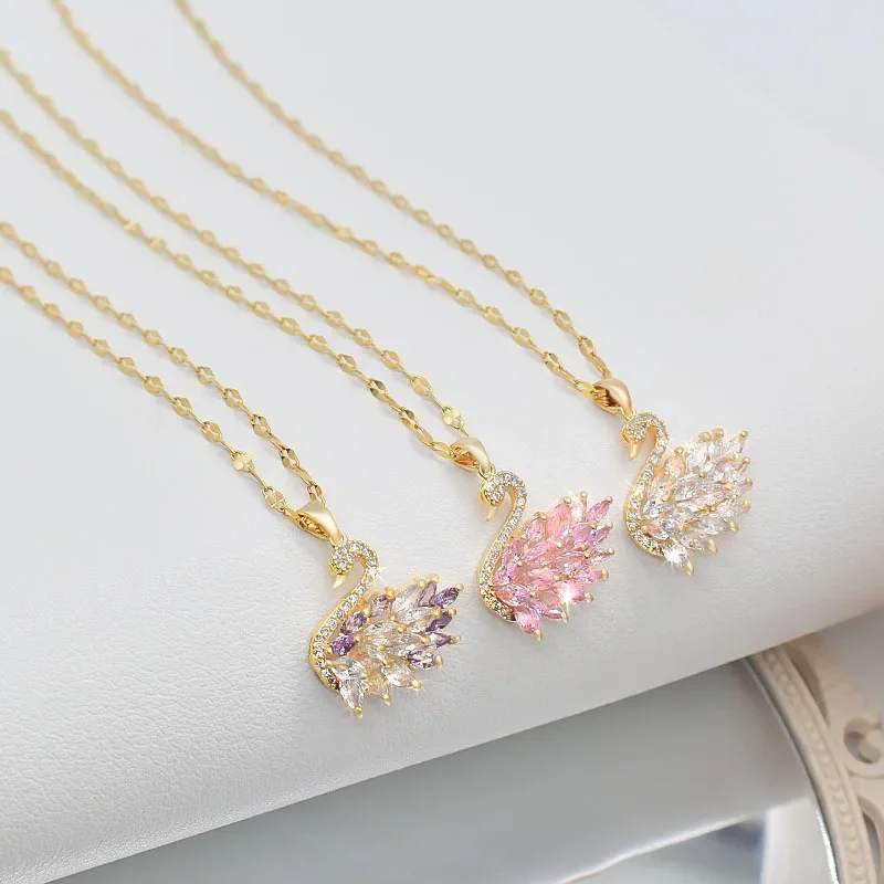 Classic Design Swan Zircon Pendant Necklaces For Women Girls Animal Pink Crystal Charms Stainless Steel Choker Jewelry
