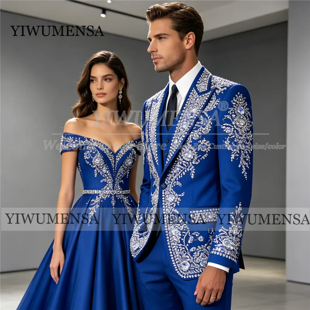 

Suit For Man Diamonds Stones Groom Prom Blazer Plus Size Customized Man Banquet Wedding Tuxedo 2 Pieces Luxury Costumes Hommes
