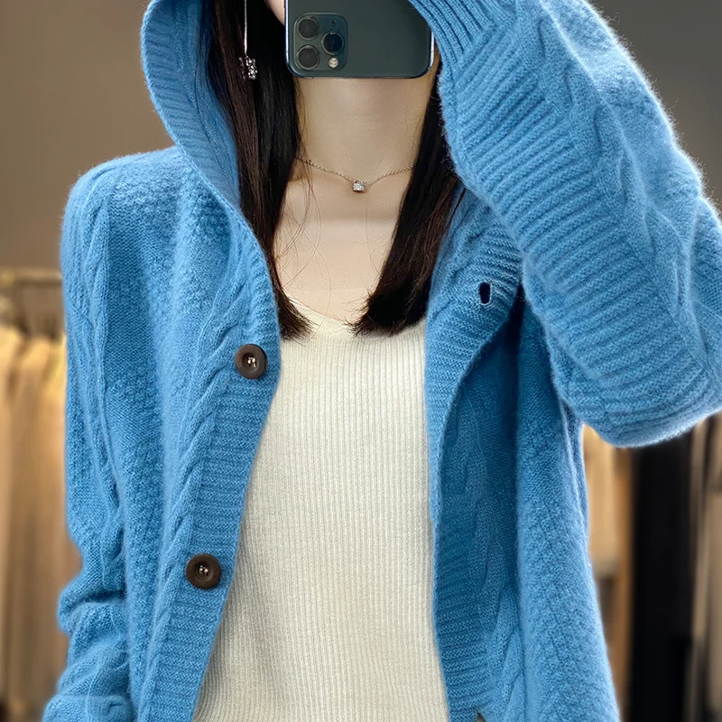 100% Merino Wool Hooded Cardigan Autumn/Winter Long Sleeved Solid Color Korean Fashion Loose Casual Knit Sweater Jacket To