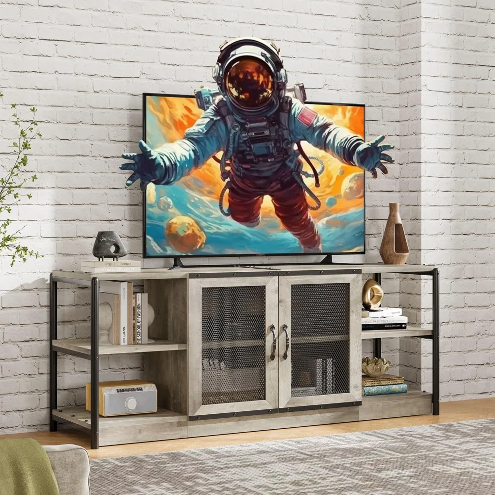 

TV Stand for 65+ Inch TV, Industrial Entertainment Center TV Media Console Table, Farmhouse TV Stand with Storage, Mesh Door an