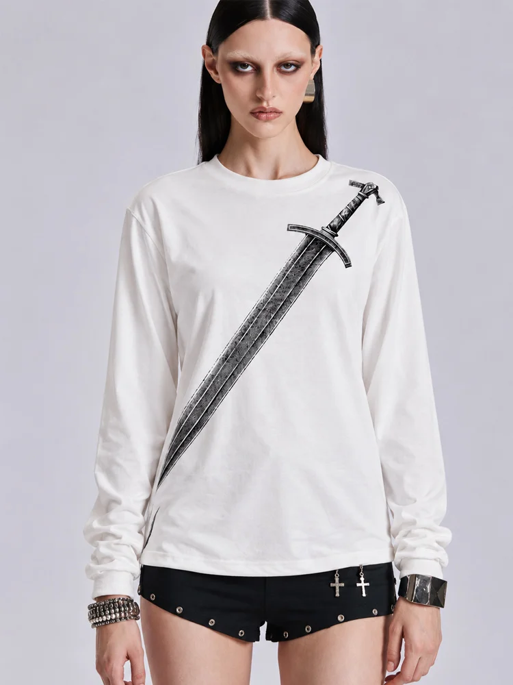 Women Grunge American Vintage Y2K Loose Fit Long Sleeve T-shirt Medieval Sword Graphic Print Crew Neck Casual Streetwear Top