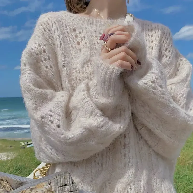 Pink Mohair Hollowed Out Pullover Sweater for Women Spring Autumn Loose Sweet Elegant Fariy Knitted Sweater Kintwear Tops Femme