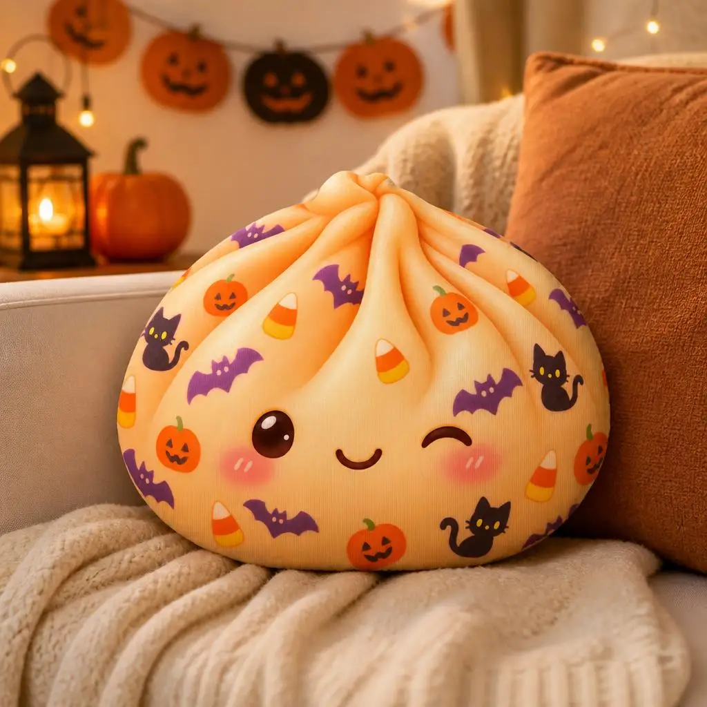 Kawaii Halloween Bao Dumpling Plush Pillow Cute Pumpkin Bat Cushion Stuffed Throw Pillow Spooky Home Decor Sofa Accent Gift