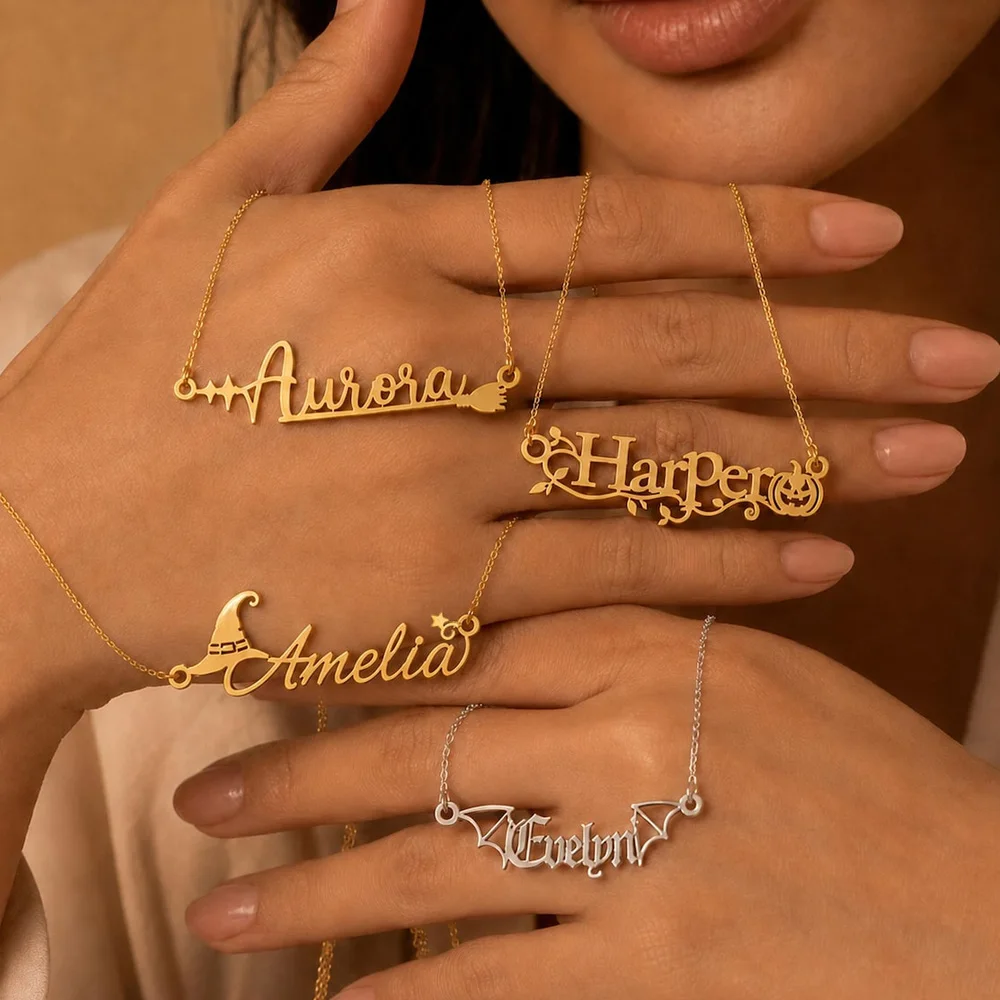 Custom Name Necklace with Pumpkin Broom Witch Hat Personalized Letter Pendant Women Gothic  Jewelry Halloween Charms Party Gifts
