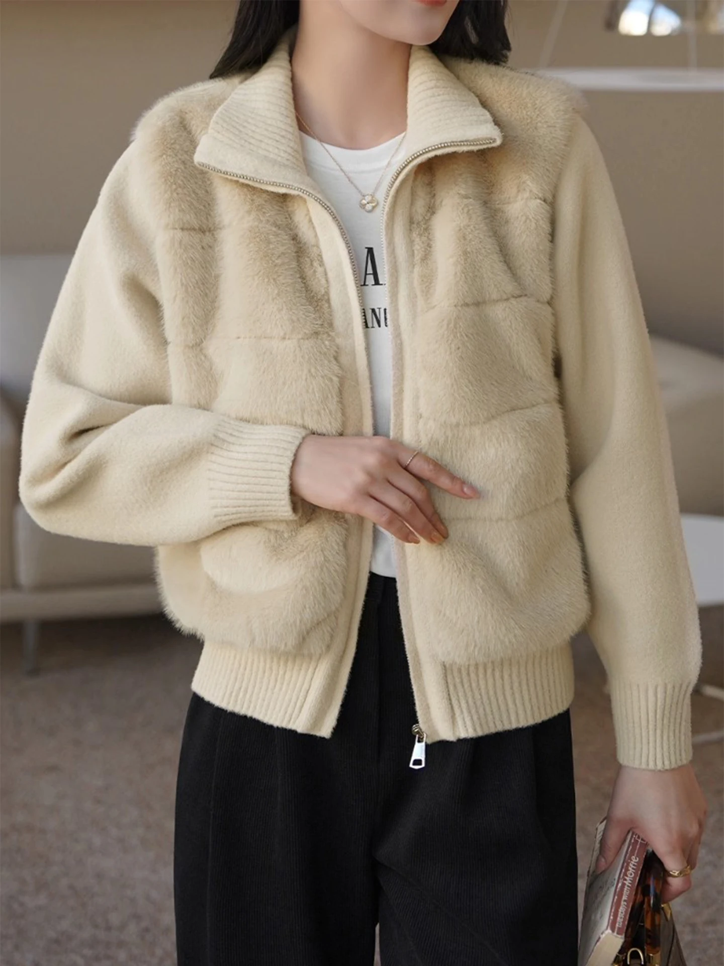 

Ladies Warmth Knitted Fur Collar Long Sve Cotton Jaet Outerwear Sli Commute Sle Winter 2025 New Faion Trend