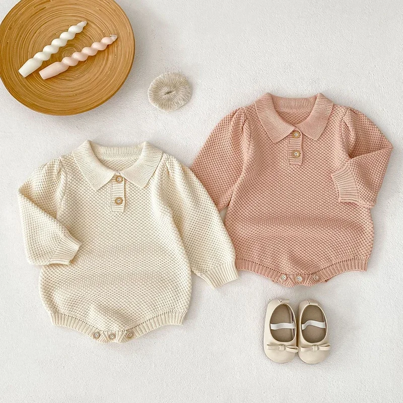 2025 New Autumn Korean Style Climbing Suit Long Sleeved Solid Color Infant Baby Girls Knitted Jumpsuit 0-24M Baby Clothes