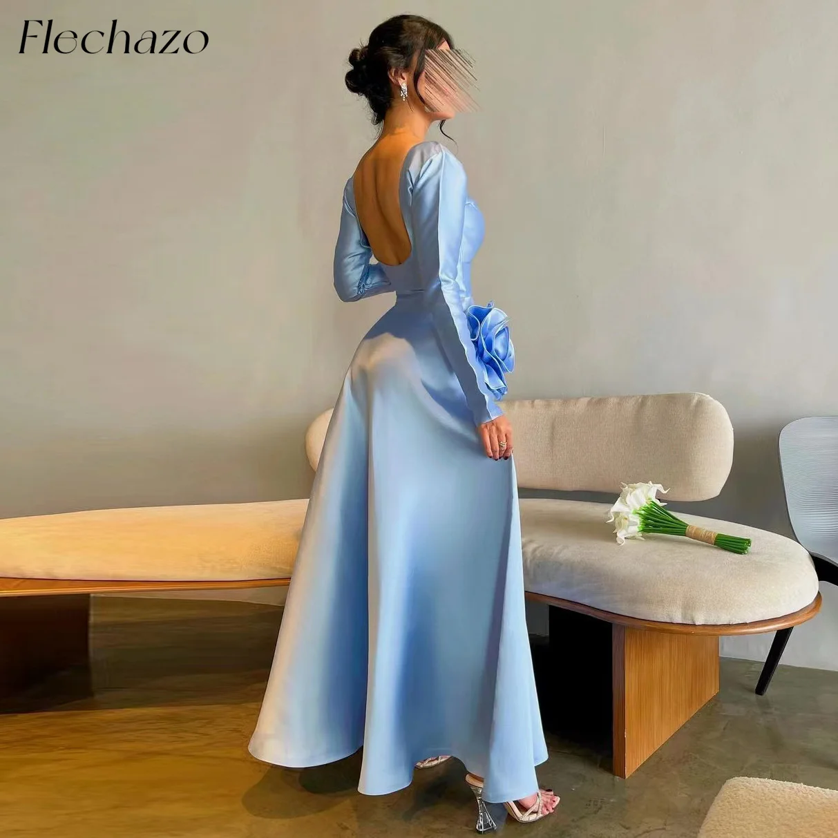 Flechazo Sky Blue Evening Dresses A Line Flower Sexy Backless Full Sleeve Wedding Party Guest Dress For Women 2024 فساتين السهرة