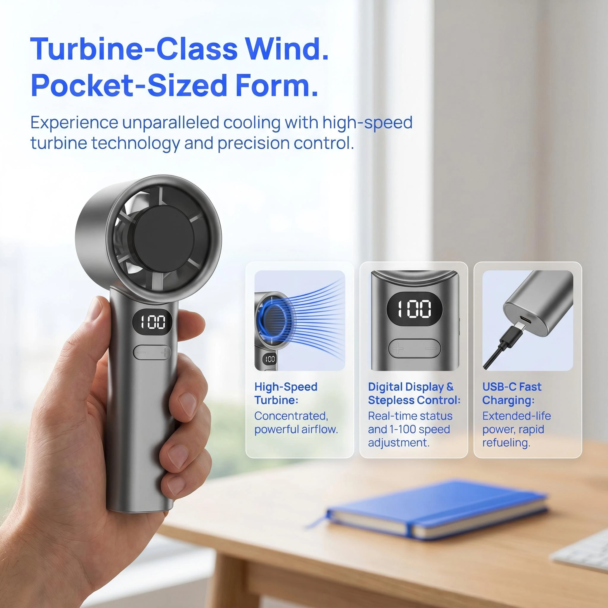 Novo Ventilador Portátil Mini Sem Lâminas com 100 Velocidades Ajustáveis, Recarregável, Ventilador de Mesa com Modo de Resfriamento Instantâneo