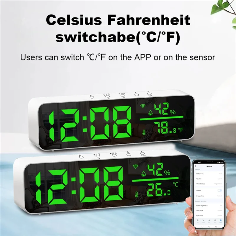 VEHO-Tuya Wifi Temperature And Humidity Alarm Clock Multi-Function LED Digital Clock For Living Room, Farmhouse, Office