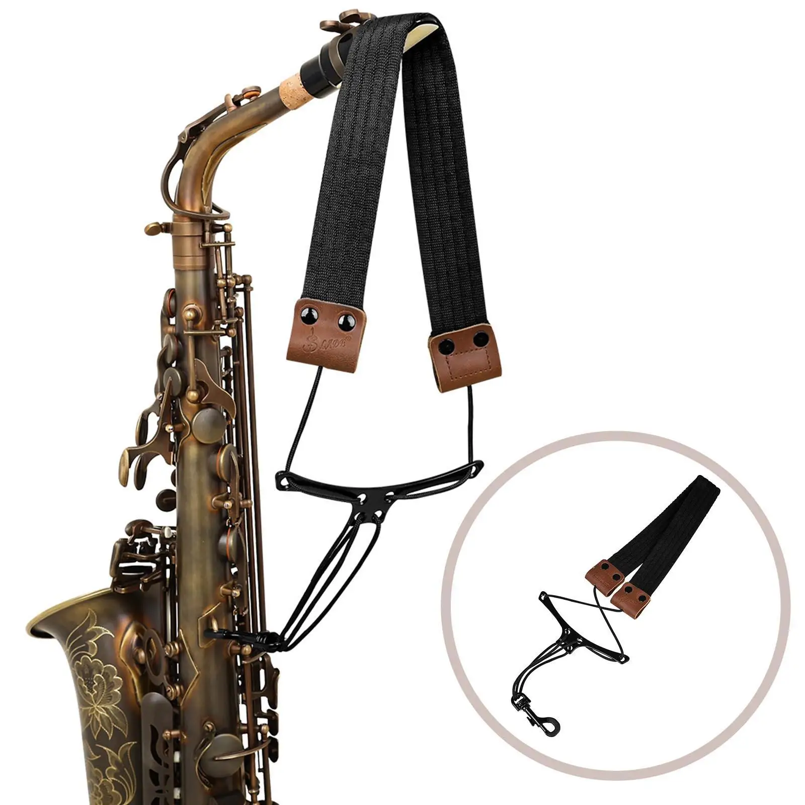Tali Leher Saksofon Peralatan Saksofon Tali Leher Sax Ringan Hitam dengan Panjang Dapat Disesuaikan untuk Soprano Tenor Alto Baritone