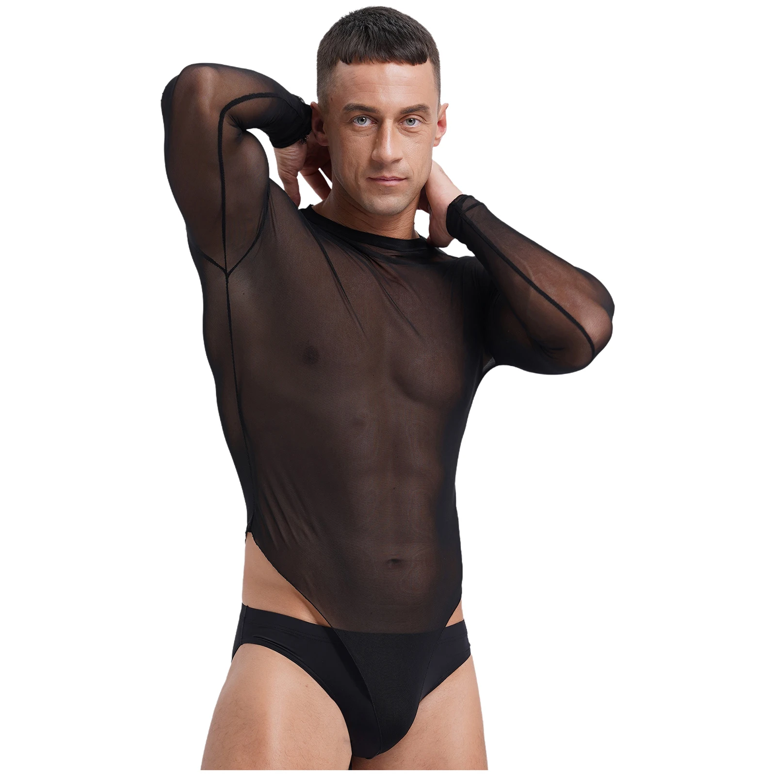 Mens Lingerie High Cut Bodybuilding Clubwear Lace-up Crotch See Through Long Sleeve Bodysuit Crew Neck Bodystocking Underwear