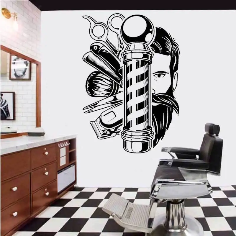 Vintage Barber Wall Sticker Haircut Scissors Comb Barber Shop Hair Salon Door and Window Art Wall Decoration Vinyl Decal LF26