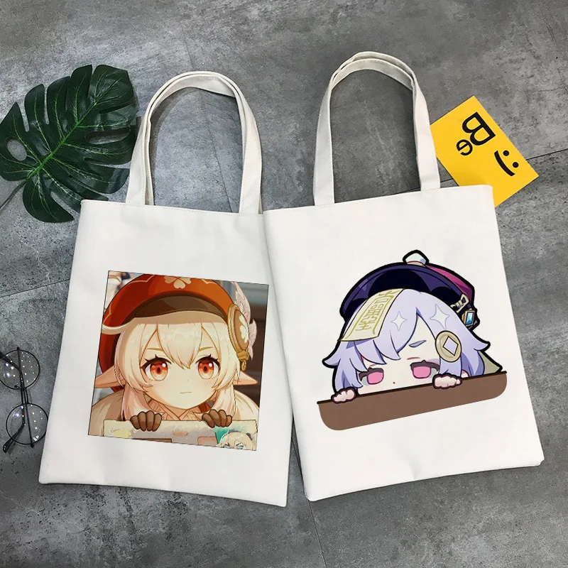 Genshin Impact Canvas Tote Bags for Women Harajuku Resuable Eco Shopping Bag Casual Unisex Large-capacity Handbags Klee Xiao