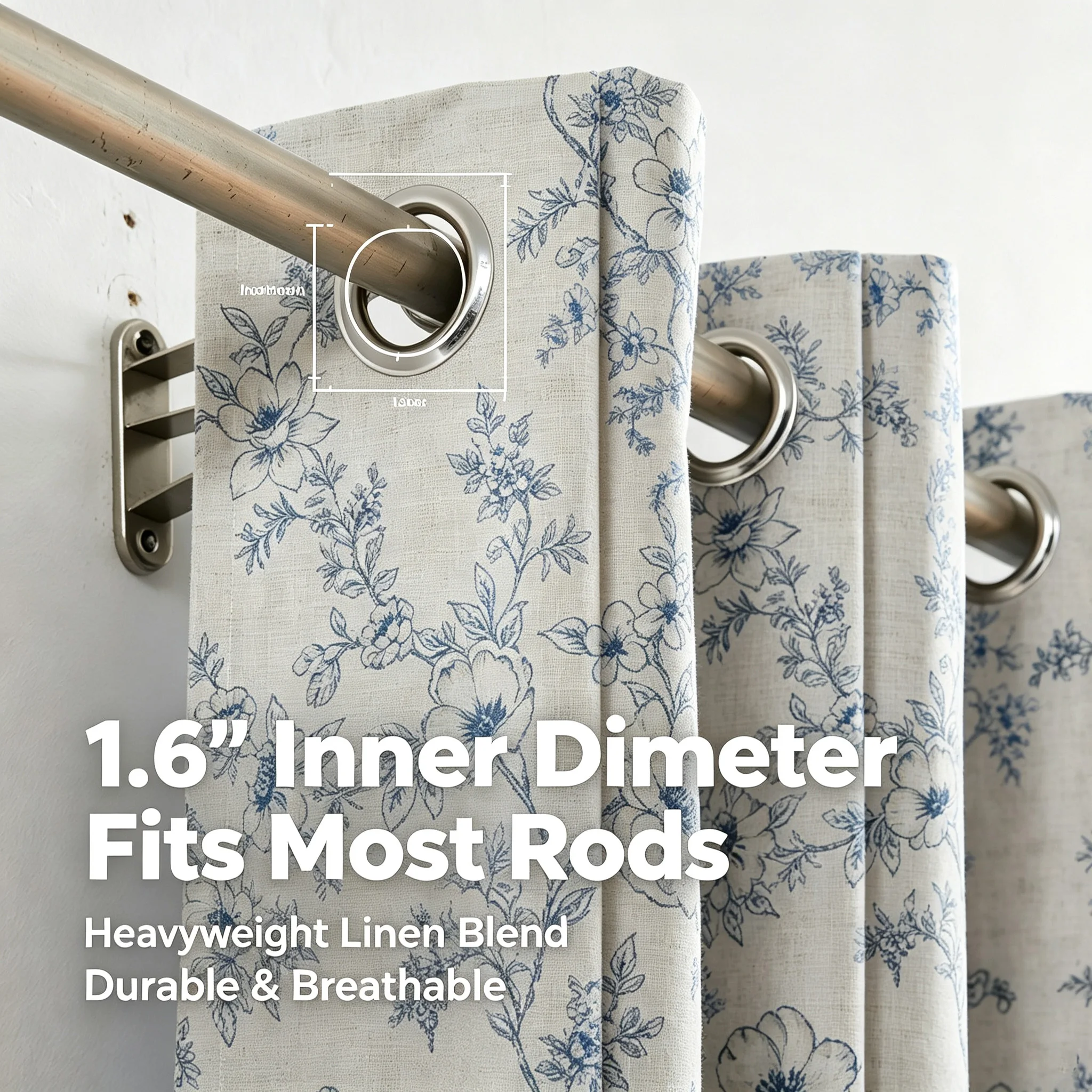 Blue Floral Blackout Curtains 4 Panels Set 100% Thermal Insulated Noise Reducing Waterproof Drapes with White Coating Backing