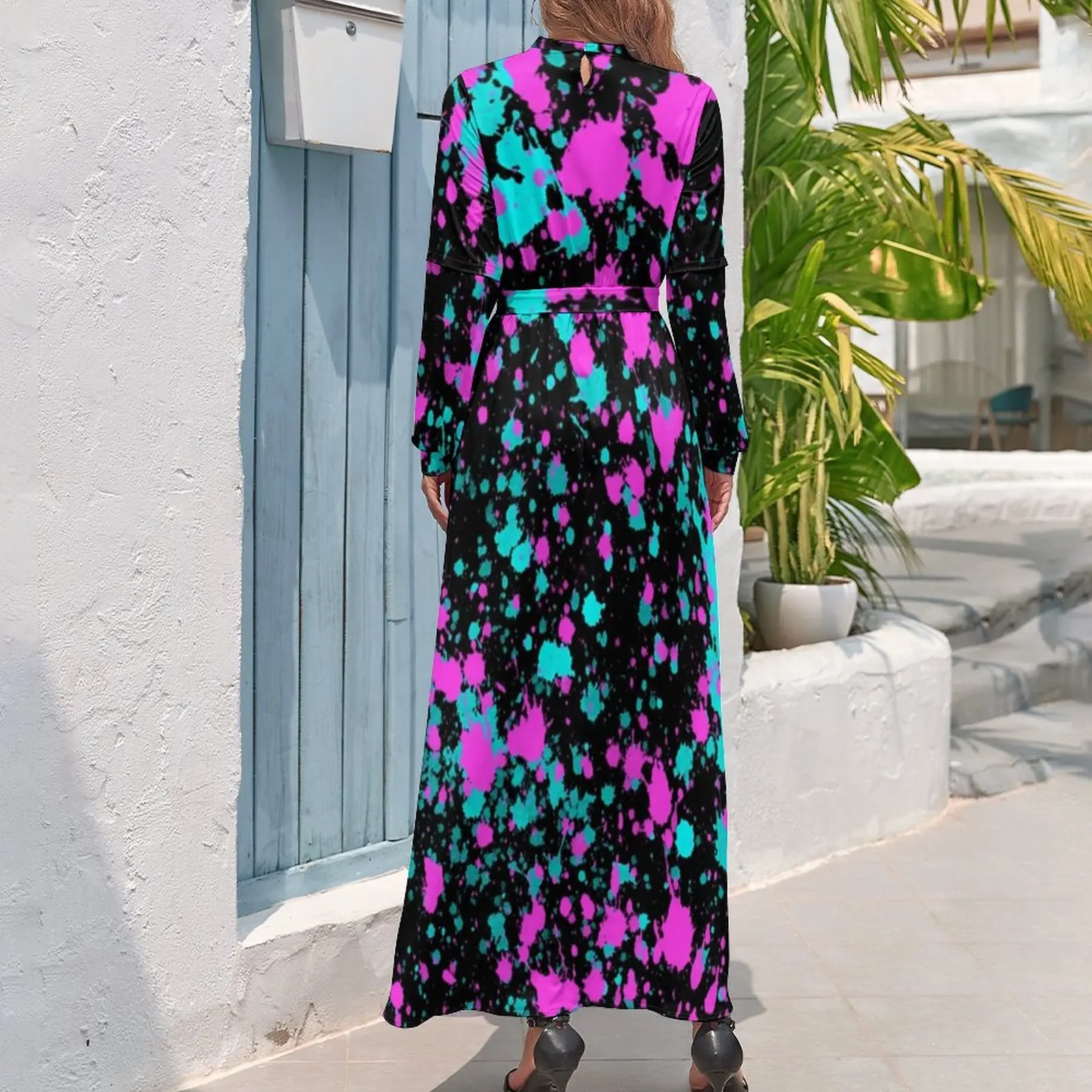 Paint Splatter Dress Modern Pink and Aqua Stylish Beach Dresses Women Long Sleeve High Waist Elegant Long Maxi Dress