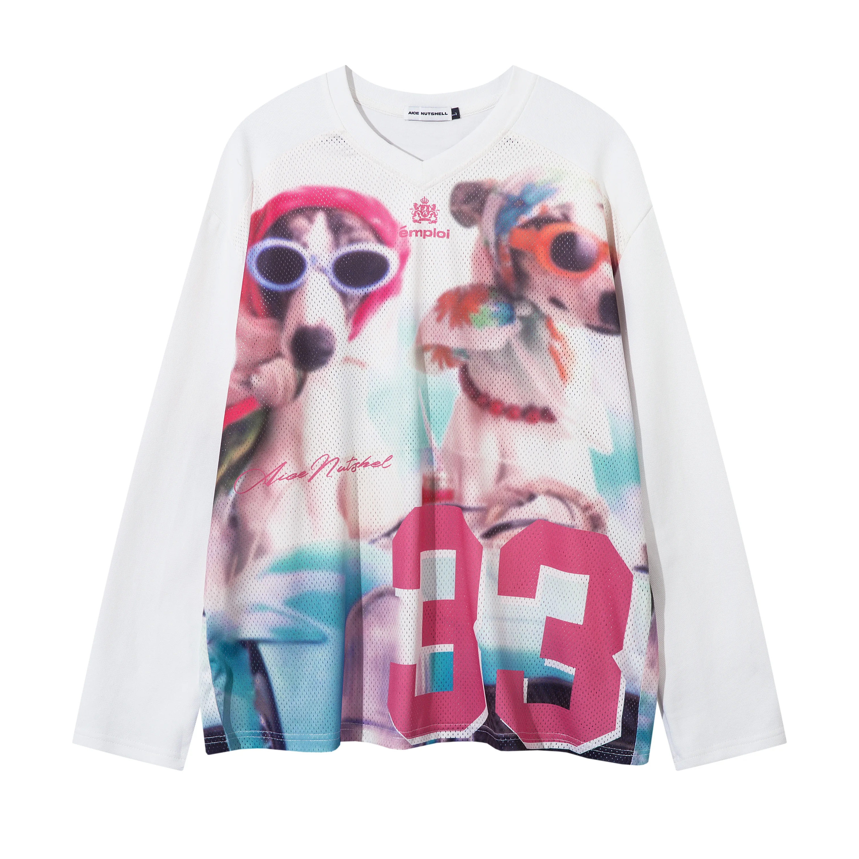 

American Style Puppy Print Color-block Long Sleeve T-shirt For Men and Women Breathable Mesh Loose Top For Autumn