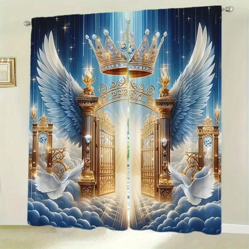 2pcs Angel Blackout Sheer Curtains – Royal Golden Gate, Wings & Crown Design for Living Room, Bedroom & Kitchen