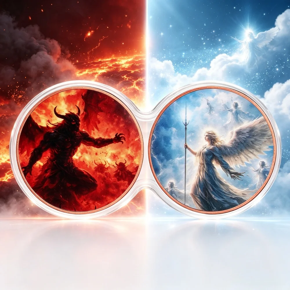 2pcs 1 oz .999 Fine Connected Twin Round Copper Coin Angel And Demon Heaven Hell Contrast Scene Seamless Collectible Medal
