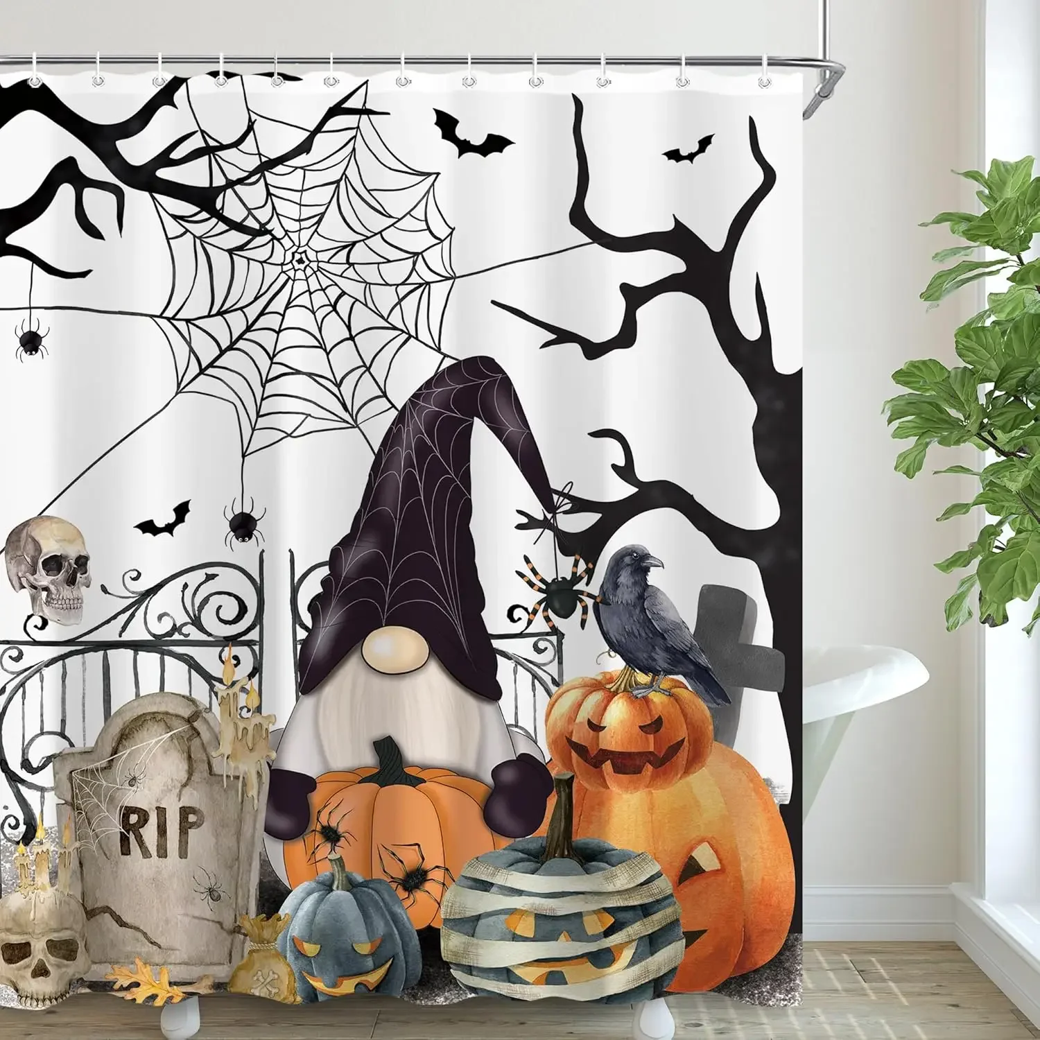 Halloween Shower Curtain Bloody Handprint Skeleton Bats Ghost Pumpkin Happy Halloween Elf Polyester Bath Curtain Home Decoration