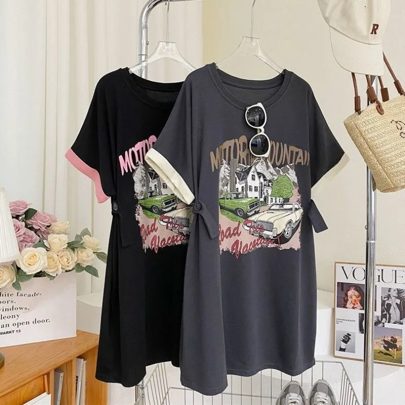T-shirt larghe con stampa casual estiva da donna Mini abito 2025 Abiti a maniche corte con lettera di nuova moda Comodo abbigliamento con o-collo
