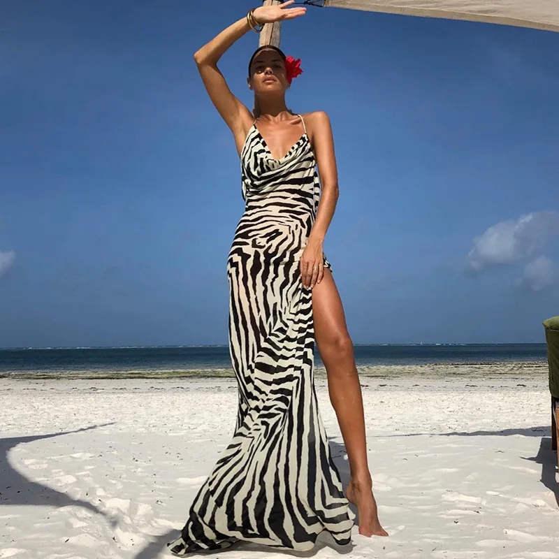 

Summer Autumn Beach holiday Fashion Printed Zebra Print Women's Clothing Sexy Backless Slit Spaghetti Straps Sleeveless Dress