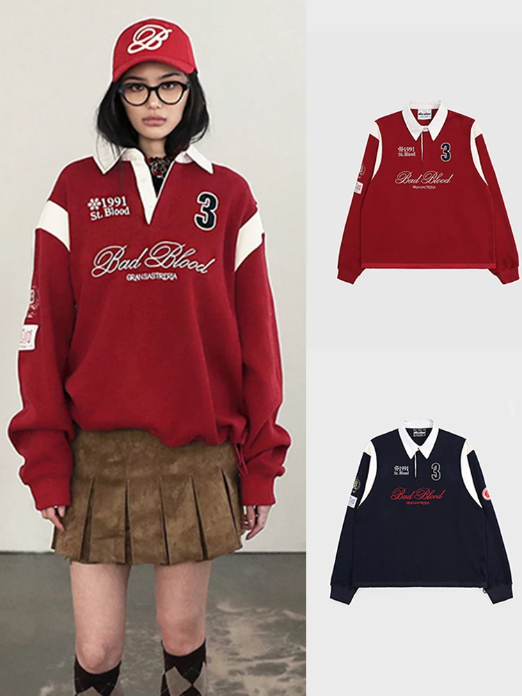 

American Retro Red Ne Sweatirt Women's Spring Autumn Long Sve Casual Sport Top Loose Fit Embroidered Streetwear