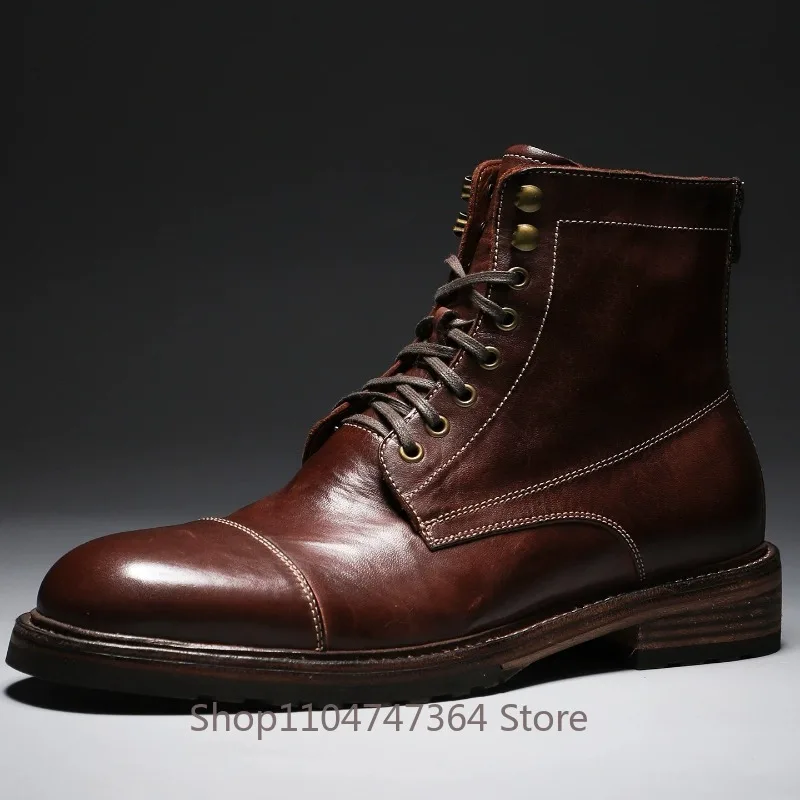 High-end Genuine Leather Paratrooper Motorcycle Boots Men's Wear-resistan Work Chelsea Outdoor High Top Desert Ankle Boots Male