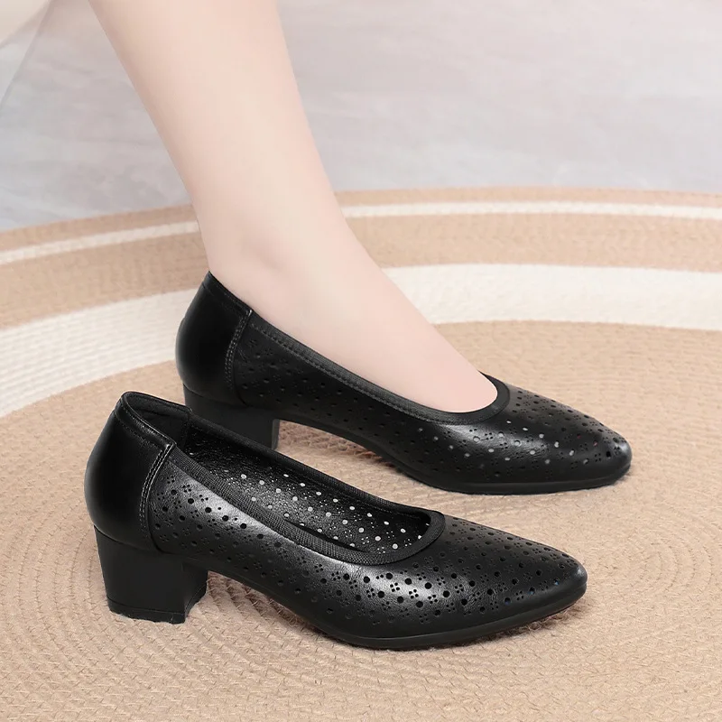

4.5cm Breathable Comfortable Elegant Hollow Cutout Soft Leather Shoes Women Pumps 2026 Spring Summer Block Heel Shoes Office Mom