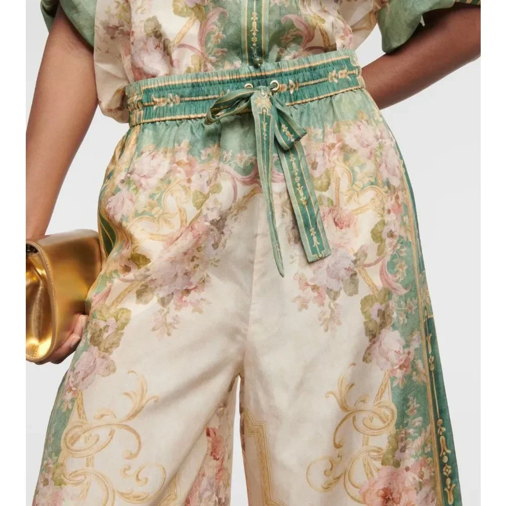 2024 New Australian niche spring/summer new trendy vacation style green retro printed shirt+pants set two-piece set