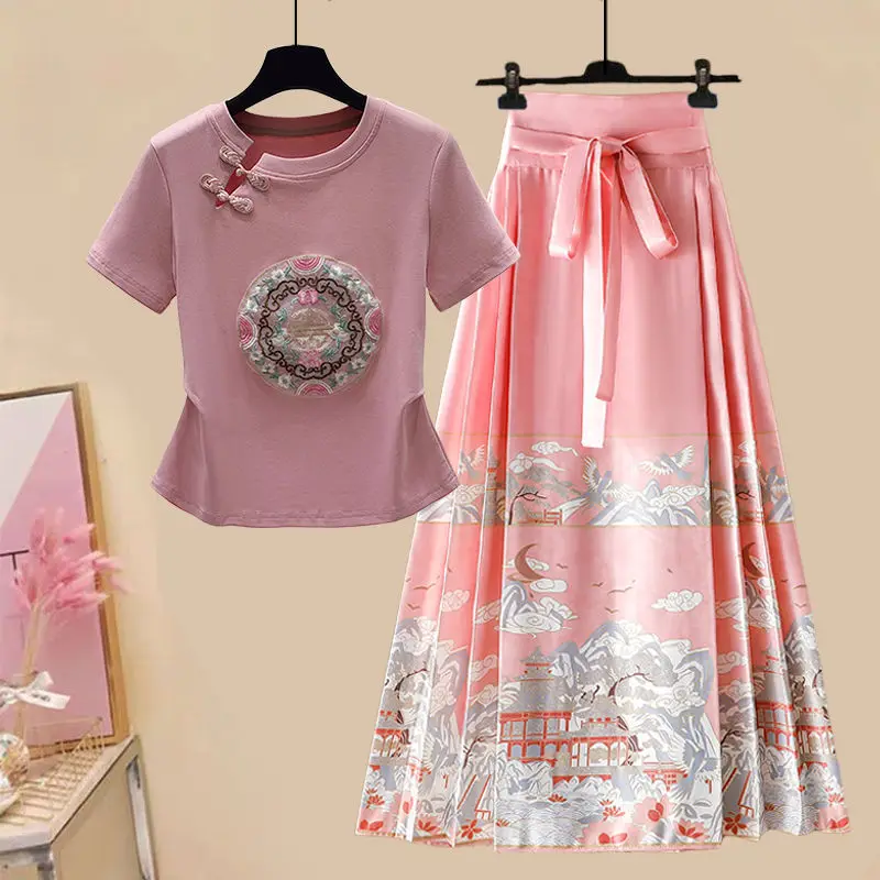 

Новая женская футболка с вышивкой в китайском стиле ort Sve Top oulder Length Improvement Hanfu Set with Ma Face Skirt