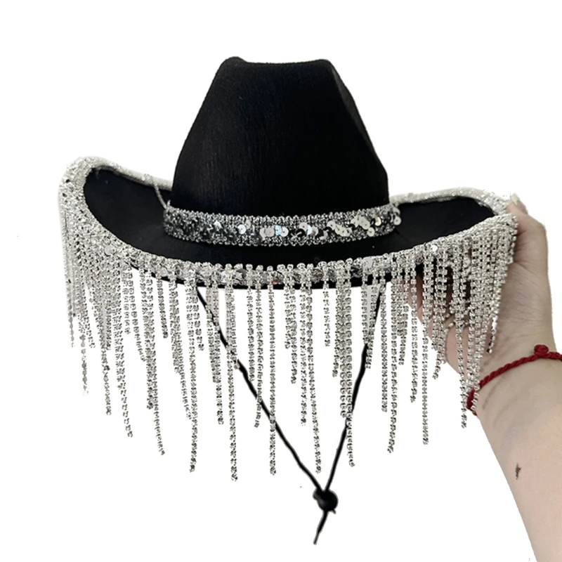 

Elegant Cowgirl Hat Shinning Dangle Fringe Wedding Photo Sunproof Hat