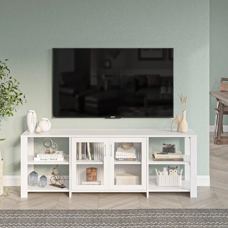 TV Stand Television Stands Cabinet with 2 Doors 4 Open Cubby Storage Cabinets for Living Room Bedroom