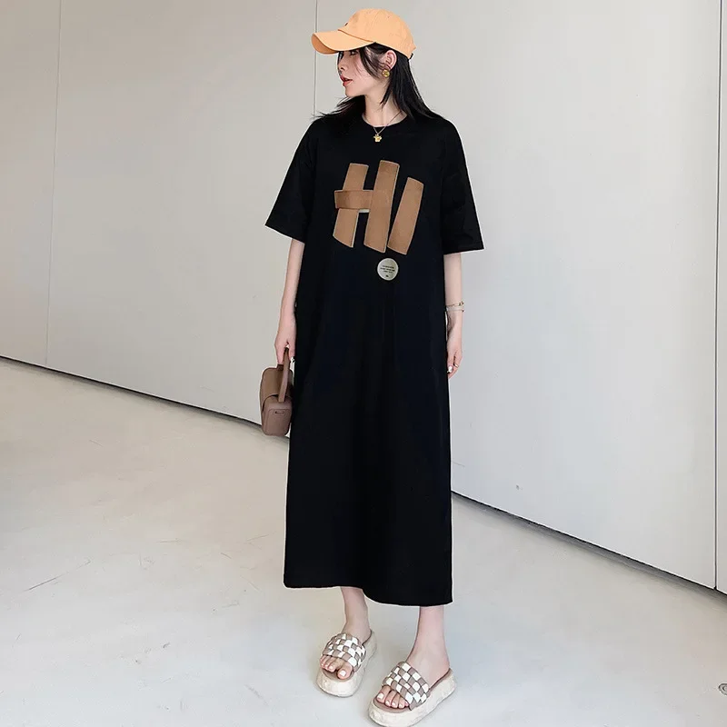 New Women Hi Letter Split Dresses Loose Casual T-shirts Dress Nightdress Spring Summer Short Sleeve Long Nightgown Fashion Tops