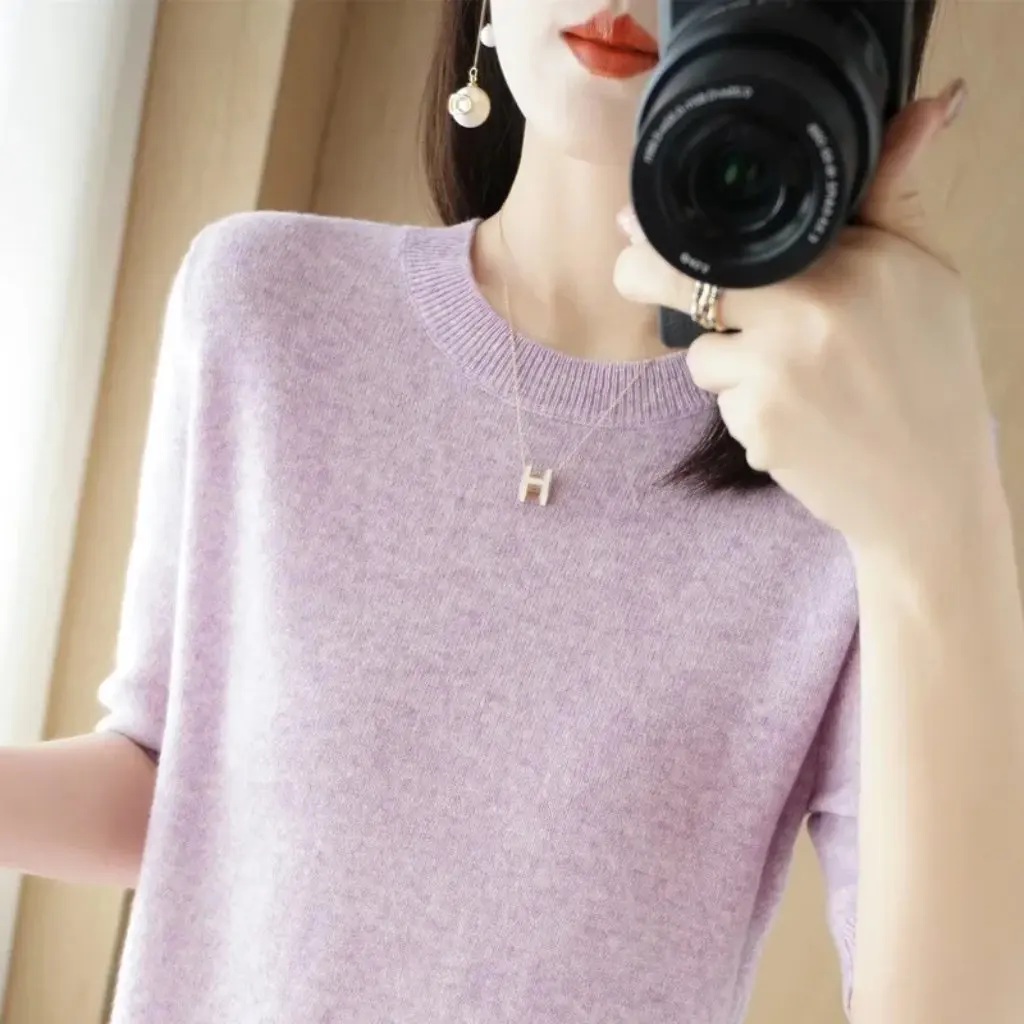 

Women's Spring/Summer Knitted round Neck Pullover Sweater Short-Sleeved Loose Base Knitted Half-Sleeved Top
