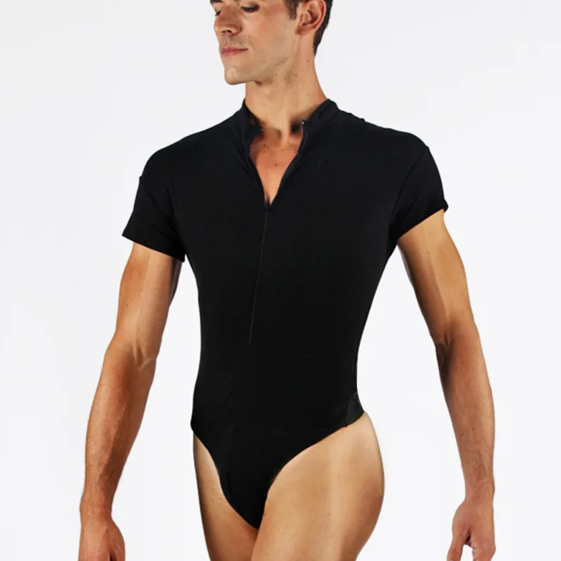 customized-men's-adult-ballet-costume-tight-fitting-jumpsuit-standing-collar-short-sleeved-performance-professional-competition