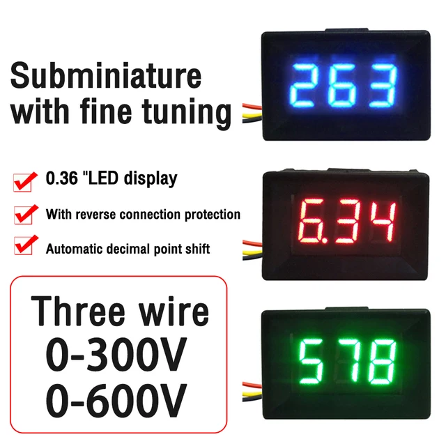 DC0-300/600V 0.36'' woltomierz cyfrowy Mini LED samochodowy detektor napięcia 3-przewodowy 3-bitowy tester napięcia zewnętrzny zasilacz DC3.3-30V
