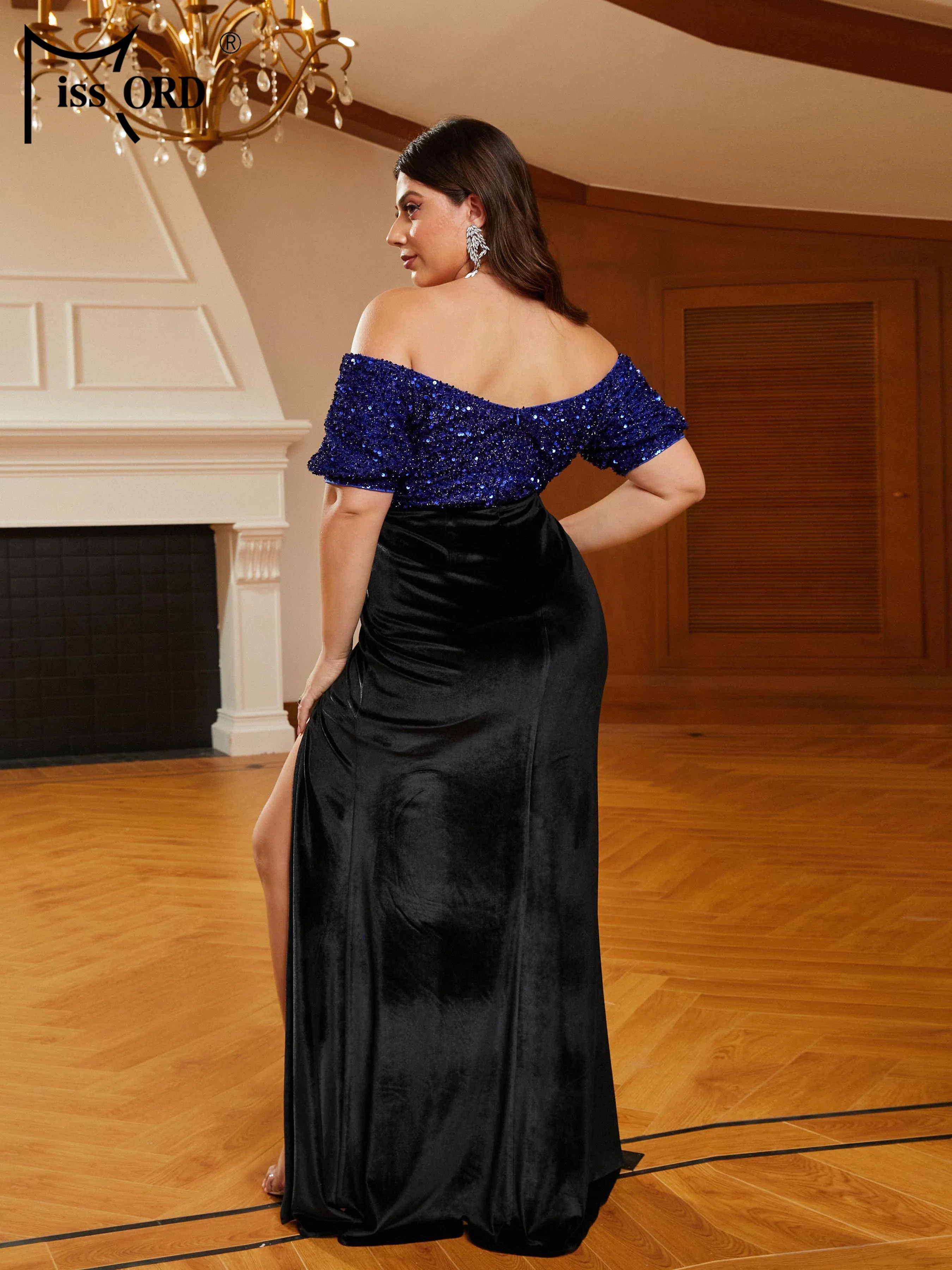 Missord Plus Size Black Velvet Party Dress Women Off Shoulder Short Sleeve Blue Sequin High Split Prom Dresses Long Evening Gown