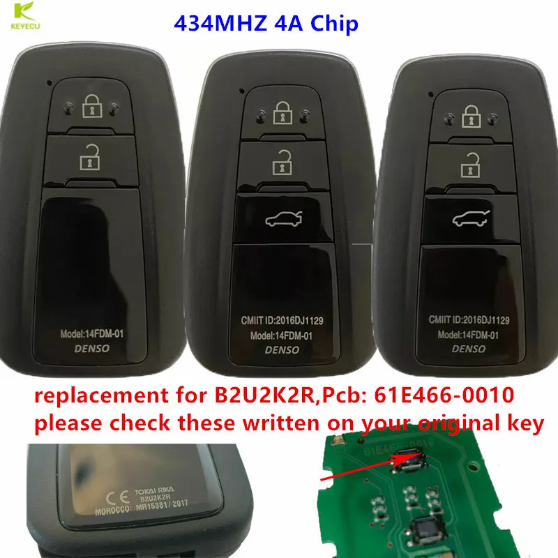 

KEYECU Replacement 2/3 Button Smart key Keyless FOB 434MHZ 4A Chip for Toyota COROLLA 2019 2020 FCCID: B2U2K2R PN 61E466-0010